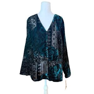 Mirasol Velvet Burnout Blouse Teal & Black Patchwork Floral Top Women’s 2X NWT